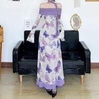 ราคา Bell Sleeve Off-Shoulder Butterfly Print Mesh Panel Maxi Bodycon Dress (1131929759)