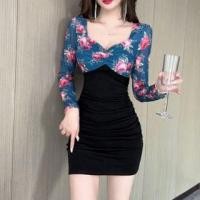 ราคา Long Sleeve Sweetheart Neck Floral Print Panel Mini Sheath Dress (1131936663)