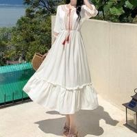 ราคา 3/4-Sleeve Round Neck Embroidered Tassel Ruffle Trim Midi A-Line Dress (1131934406)