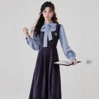 ราคา Long-Sleeve Tie-Neck Mock Two-Piece Striped Panel Embroidered Pleated Midi A-Line Dress (1131937639)