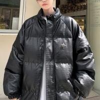ราคา Stand Collar Plain Crocodile Grain Faux Leather Zip Puffer Jacket (1131945825)