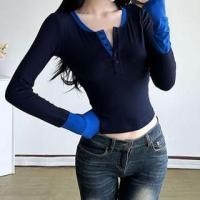 ราคา Long Sleeve V-Neck Color-Block Paneled Slim-Fit Top (1131953745)
