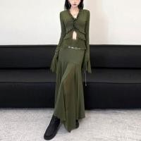 ราคา Bell Sleeve V-Neck Plain Ruffled-Trim Slim-Fit Top / High Waist Mesh Panel Maxi A-Line Skirt (1131953587)