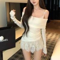 ราคา Long Sleeve Off Shoulder Plain Knit Top / Plain Satin Panel Lace Slip Dress / High Waist Shorts (1131950979)