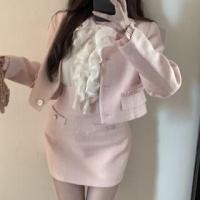 ราคา Mock Two-Piece Long-Sleeve Band Collar Ruffle Trim Mini Sheath Dress / Crop Button Jacket (1131955254)
