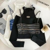 ราคา Long-Sleeve Halter Neck Cold Shoulder Mock Two-Piece Denim Panel Ribbed Crop Top (1131959530)