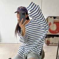 ราคา Long-Sleeve Round Neck Striped Ribbed Slit Tee Stripes - Blue - One Size (1131964149)