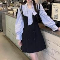 ราคา Long-Sleeve Tie-Neck Mock Two-Piece Striped Panel Frill Trim Double-Breasted Mini A-Line Dress (1131956594)