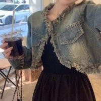 ราคา Washed Fringed Trim Denim Cropped Jacket (1131968763)
