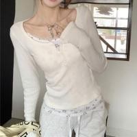 ราคา Long-Sleeve Scoop Neck Mock Two-Piece Bear Print Panel Lace Trim Slim Fit T-Shirt (1131967705)