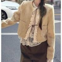 ราคา Round Neck Ruffle Panel Tie Front Jacket / Long Sleeve Round Neck Plain Frill Ruffle Button Lace Top (1131967265)