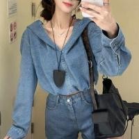 ราคา V-Neck Washed Hooded Denim Cropped Jacket / Mid Rise Hot Pants (1131969030)