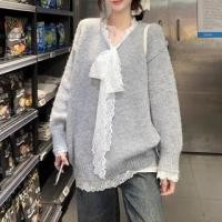 ราคา V-Neck Bow Mock Two Piece Panel Lace Sweater (1131967516)
