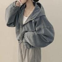 ราคา Washed Hooded Zip-Up Denim Crop Jacket (1131972226)