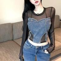 ราคา Long Sleeve Crew Neck Washed Denim Panel Sheer Crop Top (1131972969)