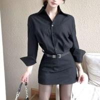 ราคา Long Sleeve Collared Plain Belted Mini Shirt Dress (1131972972)
