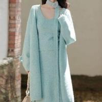 ราคา Set: V-Neck Melange Knit Tank Top + Flower Accent Long Open Front Cardigan + Elastic Waist Midi Straight Skirt + Scarf Set Of 4 - Tank Top & Cardigan & Skirt & Scarf - Teal - One Size (1131977834)