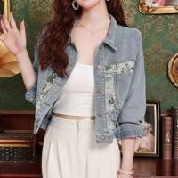 ราคา 3/4 Sleeve Lapel Collar Floral Print Cropped Washed Denim Jacket (1131980523)