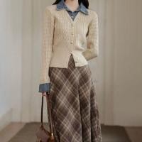 ราคา Set: Mock Two-Piece Long-Sleeve Collar Denim Panel Button Knit Top + High Waist Plaid Midi A-Line Skirt (1131998390)