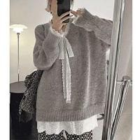ราคา V-Neck Bow Mock Two Piece Panel Lace Sweater (1131995271)