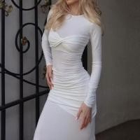 ราคา Long-Sleeve Crew Neck Plain Shirred Midi Bodycon Dress (1132011531)