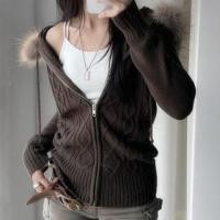 ราคา Long Sleeve Plain Cable-Knit Furry-Trim Hooded Zip-Up Cardigan (1131999173)