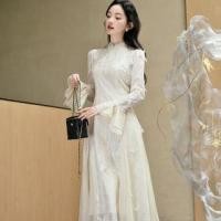 ราคา Bell Sleeve Mandarin Collar Panel Lace Midi A-Line Dress (1132008460)