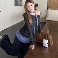 ราคา Long Sleeve Off Shoulder Plaid Panel Layered Top Dark Gray - One Size (1132010278)