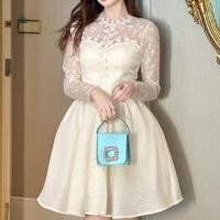 ราคา Long-Sleeve Round Neck Floral Lace Panel Mini A-Line Dress (1131998851)