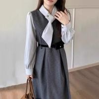 ราคา Long-Sleeve Tie-Neck Two Tone Mock Two-Piece Midi A-Line Dress Gray - One Size (1132031749)