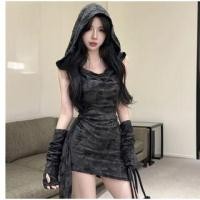 ราคา Sleeveless Tie-Dyed Shirred Hooded Mini Bodycon Dress (1132032777)