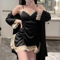 ราคา Set: Spaghetti Strap V-Neck Lace Trim Drawstring Slit Nightdress + Pajama Robe (1132036016)