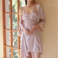 ราคา Set: Spaghetti Strap Lace Panel Ruffle Trim Open Back Nightdress + Pajama Robe (1132036030)
