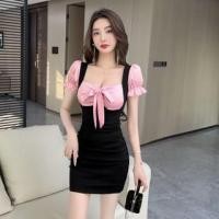 ราคา Mock Two-Piece Short-Sleeve Two Tone Bow Mini Sheath Dress (1132030353)
