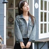 ราคา Lapel Collared Button Down Washed Denim Cropped Jacket (1132049827)