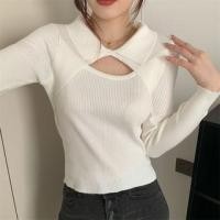 ราคา Long-Sleeve Collar Plain Cutout Ribbed Knit Top (1132055728)