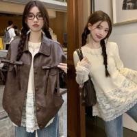 ราคา Long Sleeve Faux Leather Bow Accent Loose-Fit Jacket / Long Sleeve Plain Lace Panel Top (1132060156)
