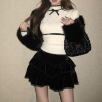 ราคา Plain Fluffy Crop Jacket / Long-Sleeve Mock Neck Bow Accent Contrast Trim Knit Top / High Rise Lace Trim Velvet Mini A-Line Skirt (1132063420)