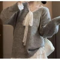 ราคา Mock Two-Piece V-Neck Bow Lace Trim Sweater (1132062233)
