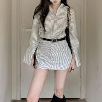 ราคา Long Sleeve Collared Striped Button Up Belted Mini Shirt Dress (1132063129)