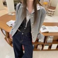 ราคา Mock Two-Piece Long-Sleeve Collar Striped Panel Button Crop Knit Top / Jacket / Mid Waist Wide Leg Jeans (1132061695)