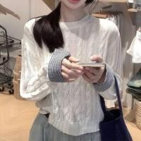 ราคา Long Sleeve Plaid Cuff Panel Crew Neck Top White - One Size (1132061830)