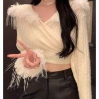ราคา V-Neck Plain Fluffy Panel Crop Knit Top (1132062887)