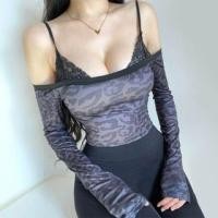 ราคา Long-Sleeve Cold-Shoulder Leopard Print Lace Panel Slim Fit T-Shirt (1132072672)