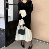 ราคา Long-Sleeve Round Neck Two Tone Ruffle Panel Velvet Midi Tunic Dress Black - One Size (1132076733)