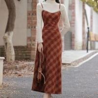 ราคา Set: Long Sleeve Mock Neck Plain Knit Top + Spaghetti Strap Plaid Maxi A-Line Dress (1132076370)