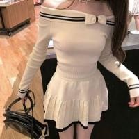 ราคา Long-Sleeve Off-Shoulder Bow Accent Striped Trim Crop Knit Top / High Waist Pleated Mini A-Line Skirt (1132063482)