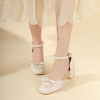 ราคา Chunky Heel Ankle Strap Floral Jacquard Bow Accent D'Orsay Pumps (1132078977)