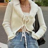 ราคา Long Sleeve Furry Collar Plain Ribbed-Knit Tie-Front Slim-Fit Cardigan (1132080064)