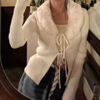 ราคา Long Sleeve Furry Collar Plain Ribbed-Knit Tie-Front Slim-Fit Cardigan (1132097427)